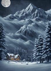 Drawed winter scene with snow house moon trees and mountains