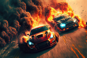 Crazy mad car chase, explosions sparks action. Sports cars are a danger race for survival. Fire and flames from under the wheels. 3d illustration