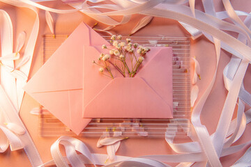 holiday card composition. on a pink background an envelope with flowers and a white ribbon.