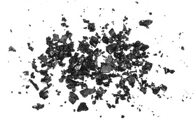 Wet black coal pile isolated on white texture, top view