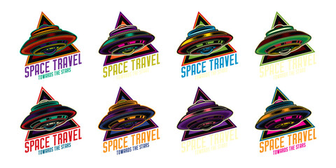 Original vector collection in vintage style. A flying saucer on the background of a text composition. T-shirt design. A design element.