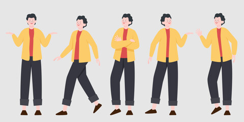 Obraz premium Handsome man constructor in flat style. Parts of body legs and arms , face emotions, haircuts and hands gestures. Vector cartoon Man character