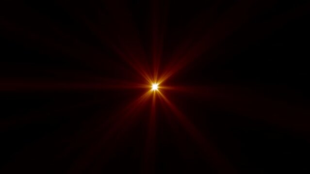 4K loop center rotating flickering gold star sun lights optical lens flares shiny animation art abstract background. Lighting lamp rays effect dynamic bright video footage. Gold glow star optical flar