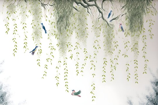 Willow branches hanging from above with birds on a white background. Wallpaper, murals and wall paintings for interior printing. © DG