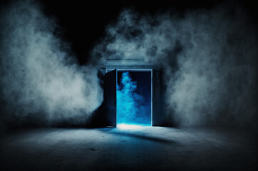 Half open door in the middle of the image and all around it there's thick smoke, blue smoke