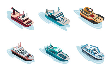 Commercial ship isometric icon set include of freight industrial boat, barge and vessel yacht ferry. 3d sea sailing business marine shipment, shipping freight ocean transportation, water transport