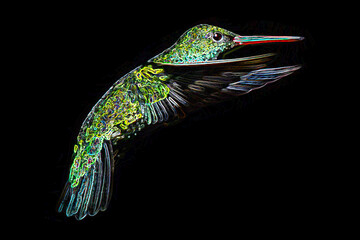 Colibrí con relieve resplandeciente con fondo negro © Maelia Rouch