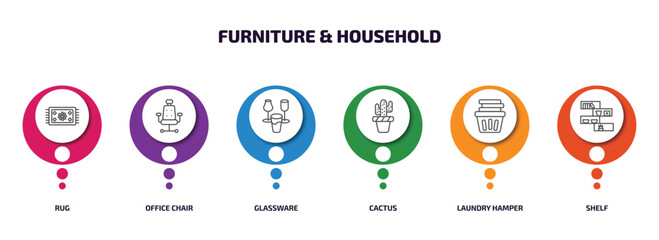 furniture & household infographic element with outline icons and 6 step or option. furniture & household icons such as rug, office chair, glassware, cactus, laundry hamper, shelf vector.