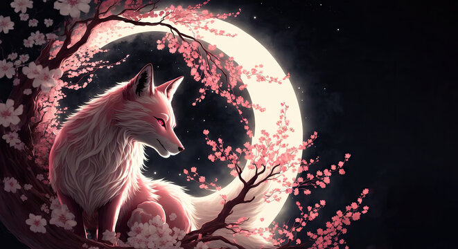 Kitsune White and Pink Cherry Blossom  - Generative AI