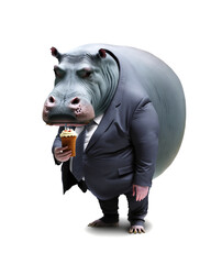 Fat hippo eating and wearing tight business clothes on a white background. Gluttony concept. Generative AI