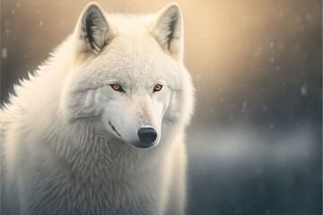 Amazing portrait of an arctic Wolf in the Snow on a black and snowed natural background. Generative AI