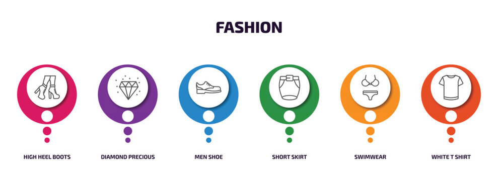 fashion infographic element with outline icons and 6 step or option. fashion icons such as high heel boots, diamond precious stone, men shoe, short skirt, swimwear, white t shirt vector.