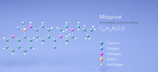 mitapivat molecule, molecular structures, c24h26n4o3s Hemolytic anemia drug 3d model, Structural Chemical Formula and Atoms with Color Coding