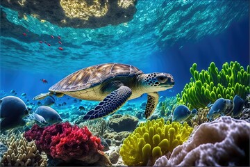 Sea turtle in crystal clear water. Amazing crystalline seabed. Reef full of life. Generative AI - obrazy, fototapety, plakaty