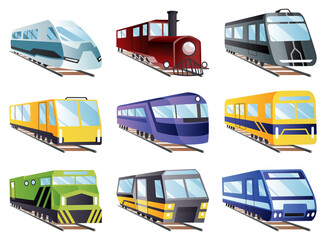 Train engine flat cartoon collection. Railroad passenger trains and carriages. Train transport railway, carriage travel, wagon transportation passenger