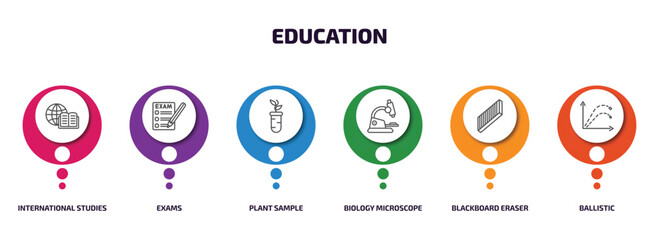 education infographic element with outline icons and 6 step or option. education icons such as international studies, exams, plant sample, biology microscope, blackboard eraser, ballistic vector.