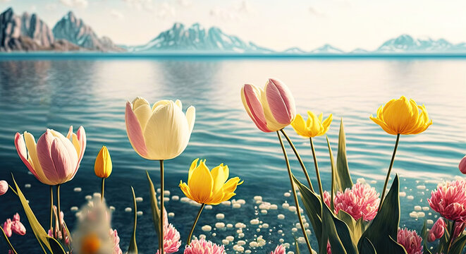 Tulips at a blue lake in summer  - Generative AI