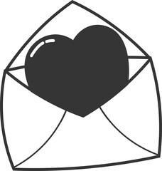 Isolated black outline vector illustration opened envelope mail letter contain heart love shape icon for graphic element valentine, love, wedding, anniversary celebration greeting