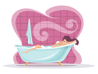 Woman taking bath. Young cute girl enjoying free time at cozy bathroom. Female cartoon character is relaxing