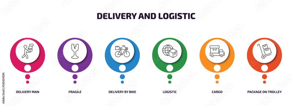 Poster delivery and logistic infographic element with outline icons and 6 step or option. delivery and logi