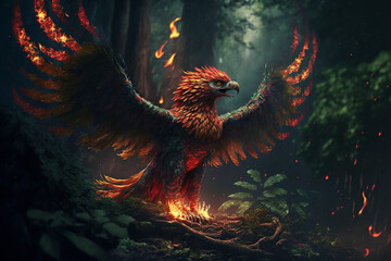 A fire phoenix is lurking behind the leaves. Generative AI. Lovely fire phoenix wallpaper. - obrazy, fototapety, plakaty