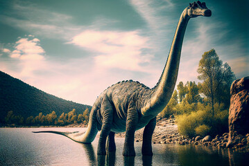 Rendition of prehistoric dinosaurs,brachiosaurus, generative ai