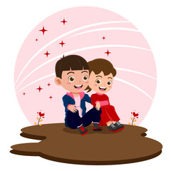 Cute Boy and Girl Celebrating Valentines Day, Background in Separate Layers for Easy Editing