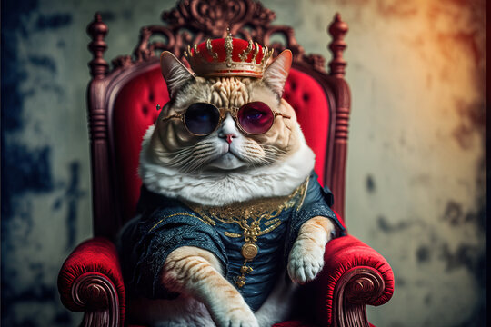 cool cat in sunglasses sits on a throne with  red royal king costume and a crown by ai generative 