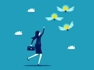  light bulb flew away from a businesswoman. loss of knowledge. business concept vector