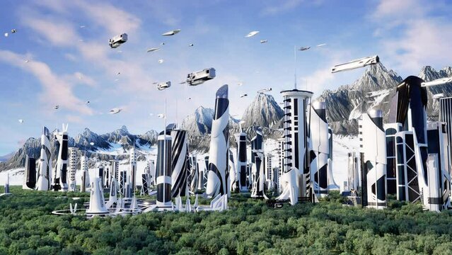 Futuristic City with Flying Spaceships, Fixed Camera Close-up, forest and mountain exoplanet landscape