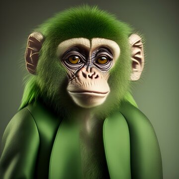 portrait of a cute green monkey in a coat , highly detailed , striking features , studio lihting , fine art photography , warm lighting - generative ai