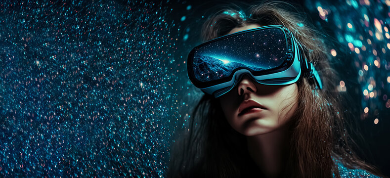 Young women wearing virtual reality goggles is inside bokeh metaverse. Metaverse concept and virtual world elements, Space for text.
