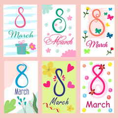 March 8, a set of bright creative cards with flowers and decorative elements. Handmade. International Women's Day.