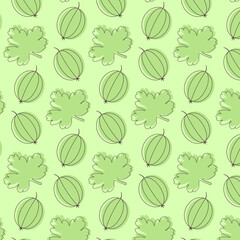 Seamless pattern with gooseberry berries and leaves on a white background