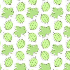 Seamless pattern with gooseberry berries and leaves on a white background