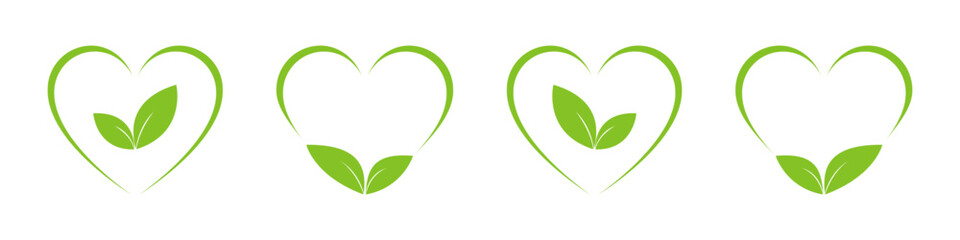 Green leaf in the heart. Set of illustrations