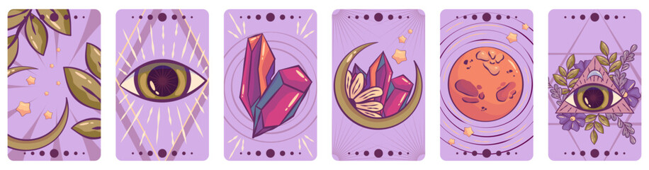 Esoteric tarot card set magic celestial design. Mystic moon, eye , crystal cartoon vector illustration. Hand drawn vector illustration. Esoteric boho tarot card set