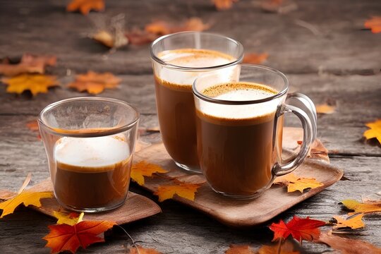 Pumpkin spiced latte or coffee in a glass on an old table. Autumn or winter hot drink - generative ai