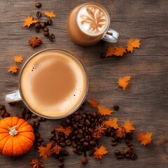 Naklejka na ściany i meble Pumpkin spiced latte or coffee in a glass on an old table. Autumn or winter hot drink - generative ai