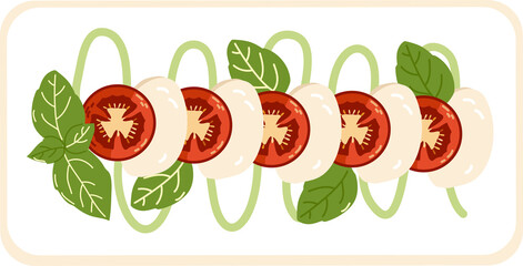 Italian Caprese salad with mozzarella and basil on a white background. Famous national dishes. Vector illustration for restaurants, menus, decor