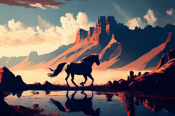 The horse is galloping along a river in the mountains. Illustration with Oil painting style. Sunset sky and ocean Waves. Created with Generative AI technology. - 565641944