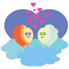 Cute cloud couple falling in love over the cloud illustration cartoon.