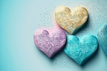 Colored glitter hearts on light background, Generative AI.