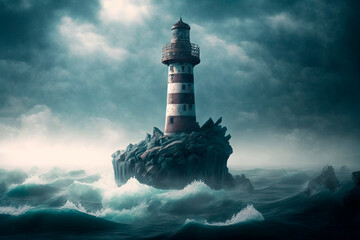 Lighthouse in the middle of the ocean under a cloudy sky. Generative AI