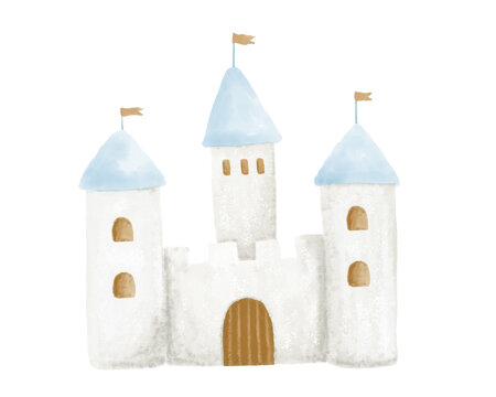 Fairy-tale watercolor castle. Cute childish graphic. Hand drawn illustration.