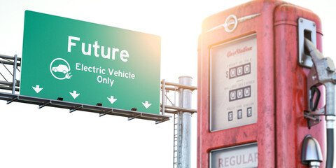 Futture of electric vehicle EV and the end of the era of gasoline engines and fossil fuels concept, Traffic sign with old gas pump nozzle.