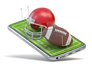 American football app video game on smartphone.. Mobile phone and american football ball and helmet isolated on white.