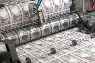 Printing money japan yen bills on a print machine in typography.. Finance, tax, stock market and investment, making money concept.