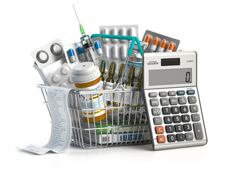 Shopping basket full of medicine, and pills with calculator. Calculating costs of health care and expensive pharmacy concept.