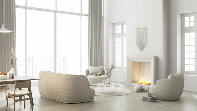Animation of minimal style white living and dining room furnished with a modern fireplace with flames 3d render The room has a parquet floor and white door overlooking terrace and bright background